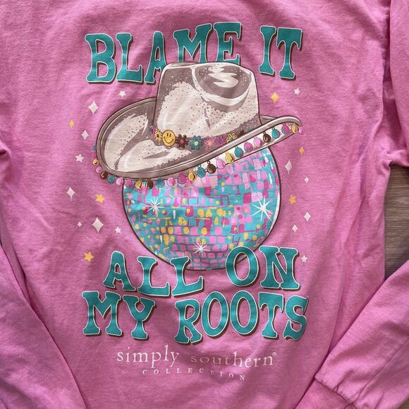 Simply Southern "Blame it all on my roots" Long Sleeve Shirt Pink Women's-Size M - Picture 3 of 6